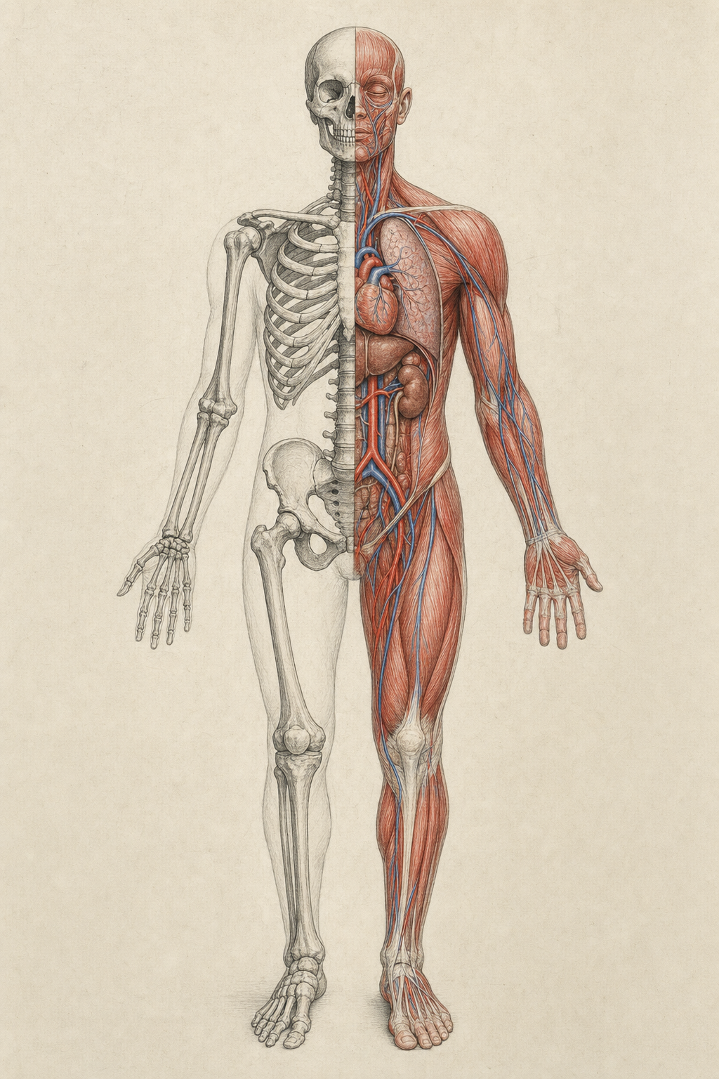 Scientific full-body anatomical drawing, half skeleton and half muscular and vascular systems