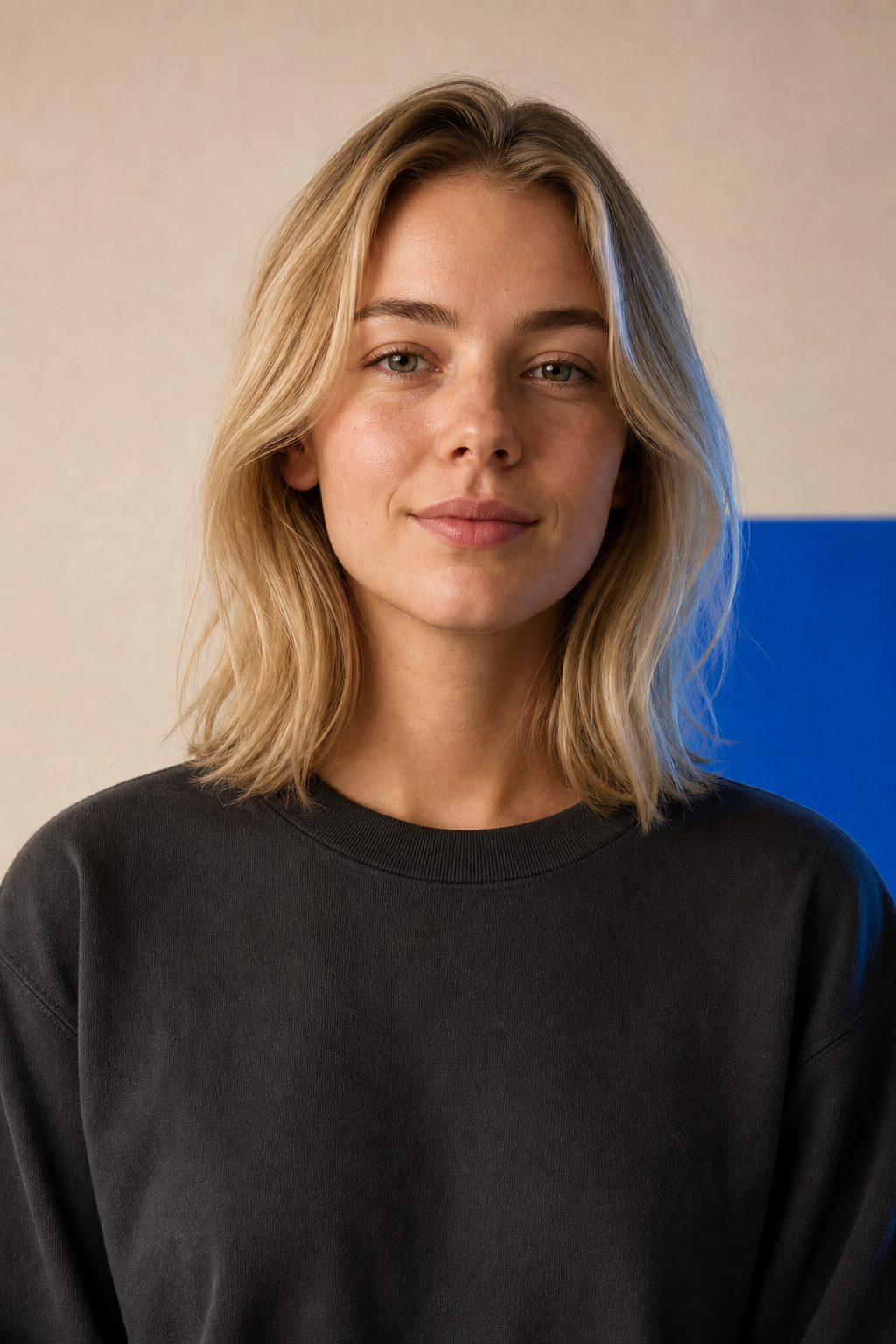 Creator with shoulder-length blonde hair and charcoal top