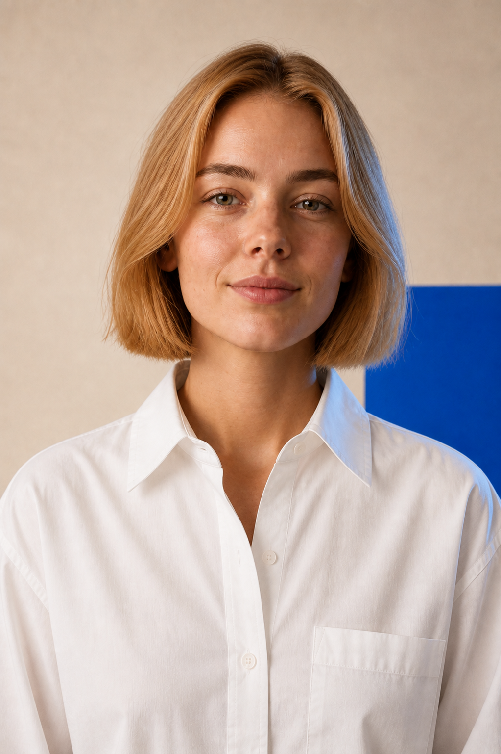 Same creator with copper bob and white shirt