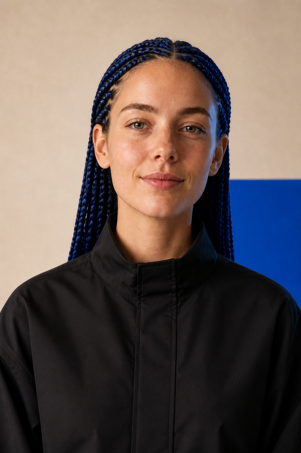 Same creator with cobalt braids and black technical jacket