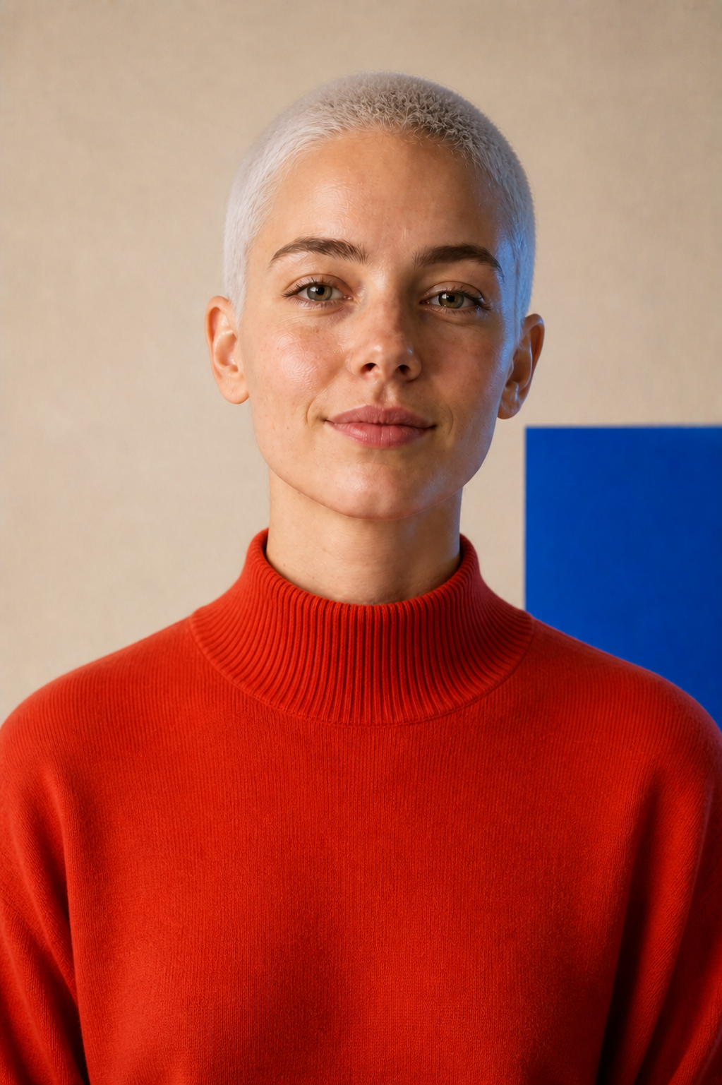 Same creator with platinum buzzcut and vermilion knit