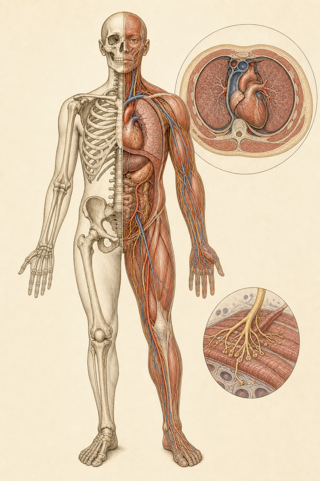 Original anatomical atlas showing skeleton, musculature, vessels, organs, a chest cross-section, and a neuromuscular junction